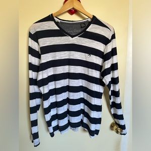 Lion’s Crest Long Sleeve Shirt - Navy Blue & Grayish White Stripes